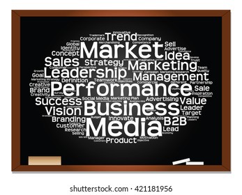 Vector concept or conceptual abstract word cloud on blackboard background as metaphor for business, trend, media, focus, market, value, product, advertising or customer. Also for corporate wordcloud