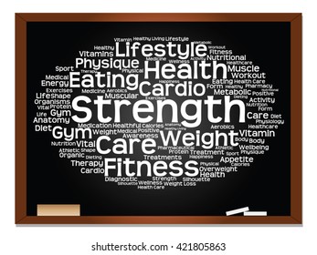 Vector concept or conceptual abstract word cloud on blackboard background, metaphor to health, nutrition, diet, wellness, body, energy, medical, fitness, medical, gym, medicine, sport, heart science