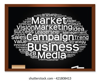Vector concept or conceptual abstract word cloud on blackboard background as metaphor for business, trend, media, focus, market, value, product, advertising or customer. Also for corporate wordcloud