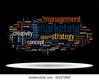 Vector concept or conceptual abstract word cloud on black background as metaphor for business, trend, media, focus, market, value, product, advertising or customer. Also for corporate wordcloud