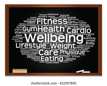 Vector concept or conceptual abstract word cloud on blackboard background, metaphor to health, nutrition, diet, wellness, body, energy, medical, fitness, medical, gym, medicine, sport, heart science