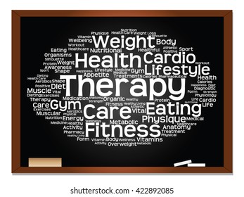 Vector concept or conceptual abstract word cloud on blackboard background, metaphor to health, nutrition, diet, wellness, body, energy, medical, fitness, medical, gym, medicine, sport, heart science