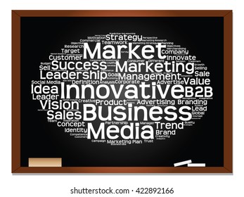 Vector concept or conceptual abstract word cloud on blackboard background as metaphor for business, trend, media, focus, market, value, product, advertising or customer. Also for corporate wordcloud