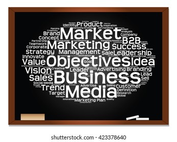 Vector concept or conceptual abstract word cloud on blackboard background as metaphor for business, trend, media, focus, market, value, product, advertising or customer. Also for corporate wordcloud