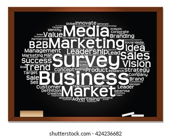 Vector concept or conceptual abstract word cloud on blackboard background as metaphor for business, trend, media, focus, market, value, product, advertising or customer. Also for corporate wordcloud