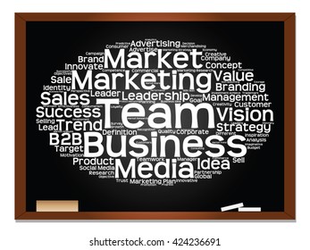 Concepto vectorial o nube conceptual abstracta de palabras en el fondo de la pizarra como metáfora para negocios, tendencias, medios, enfoque, mercado, valor, producto, publicidad o cliente. También para la nube de palabras corporativa