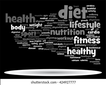 Concepto vectorial o nube de palabras abstracta conceptual sobre fondo negro como metáfora para la salud, la nutrición, la dieta, el bienestar, el cuerpo, la energía, la medicina, la aptitud física, la medicina, la medicina, el deporte, el corazón o la ciencia
