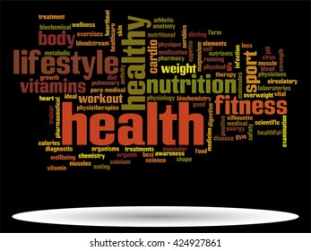Vector concept or conceptual abstract word cloud on black background as metaphor for health, nutrition, diet, wellness, body, energy, medical, fitness, medical, gym, medicine, sport, heart or science
