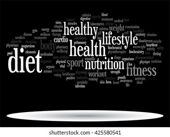 Vector concept or conceptual abstract word cloud on black background as metaphor for health, nutrition, diet, wellness, body, energy, medical, fitness, medical, gym, medicine, sport, heart or science