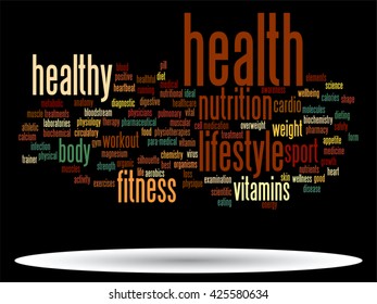 Vector concept or conceptual abstract word cloud on black background as metaphor for health, nutrition, diet, wellness, body, energy, medical, fitness, medical, gym, medicine, sport, heart or science