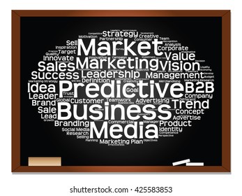 Vector concept or conceptual abstract word cloud on blackboard background as metaphor for business, trend, media, focus, market, value, product, advertising or customer. Also for corporate wordcloud