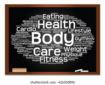 Vector concept or conceptual abstract word cloud on blackboard background, metaphor to health, nutrition, diet, wellness, body, energy, medical, fitness, medical, gym, medicine, sport, heart science