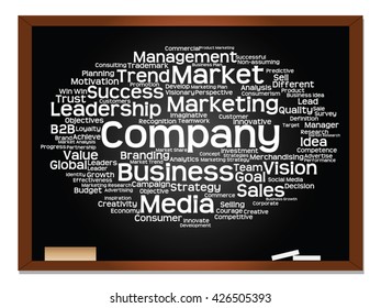 Vector concept or conceptual abstract word cloud on blackboard background as metaphor for business, trend, media, focus, market, value, product, advertising or customer. Also for corporate wordcloud