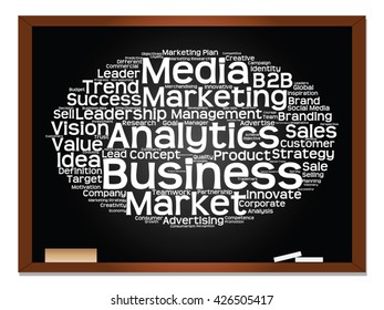 Vector concept or conceptual abstract word cloud on blackboard background as metaphor for business, trend, media, focus, market, value, product, advertising or customer. Also for corporate wordcloud