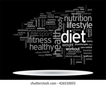Vector concept or conceptual abstract word cloud on black background as metaphor for health, nutrition, diet, wellness, body, energy, medical, fitness, medical, gym, medicine, sport, heart or science