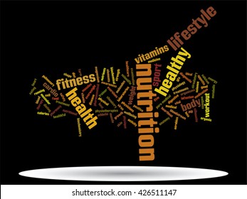 Vector concept or conceptual abstract word cloud on black background as metaphor for health, nutrition, diet, wellness, body, energy, medical, fitness, medical, gym, medicine, sport, heart or science