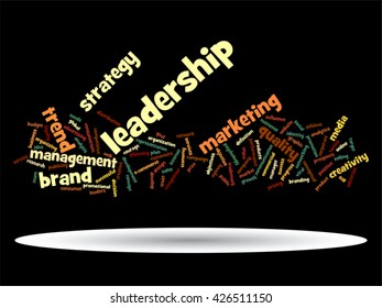 Concepto vectorial o nube conceptual abstracta de palabras sobre fondo negro como metáfora para negocios, tendencias, medios, enfoque, mercado, valor, producto, publicidad o cliente. También para la nube de palabras corporativa