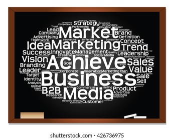 Vector concept or conceptual abstract word cloud on blackboard background as metaphor for business, trend, media, focus, market, value, product, advertising or customer. Also for corporate wordcloud