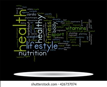Vector concept or conceptual abstract word cloud on black background as metaphor for health, nutrition, diet, wellness, body, energy, medical, fitness, medical, gym, medicine, sport, heart or science