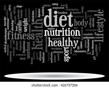Vector concept or conceptual abstract word cloud on black background as metaphor for health, nutrition, diet, wellness, body, energy, medical, fitness, medical, gym, medicine, sport, heart or science
