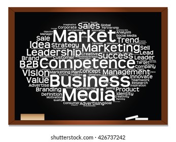Concepto vectorial o nube conceptual abstracta de palabras en el fondo de la pizarra como metáfora para negocios, tendencias, medios, enfoque, mercado, valor, producto, publicidad o cliente. También para la nube de palabras corporativa