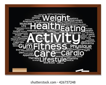 Vector concept or conceptual abstract word cloud on blackboard background, metaphor to health, nutrition, diet, wellness, body, energy, medical, fitness, medical, gym, medicine, sport, heart science