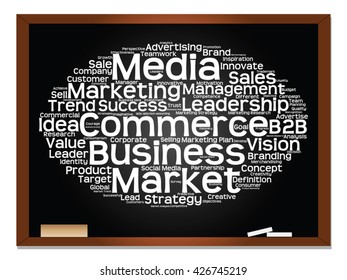 Vector concept or conceptual abstract word cloud on blackboard background as metaphor for business, trend, media, focus, market, value, product, advertising or customer. Also for corporate wordcloud