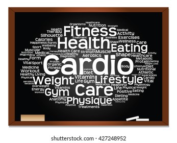 Vector concept or conceptual abstract word cloud on blackboard background, metaphor to health, nutrition, diet, wellness, body, energy, medical, fitness, medical, gym, medicine, sport, heart science