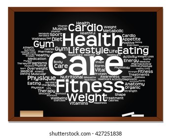 Vector concept or conceptual abstract word cloud on blackboard background, metaphor to health, nutrition, diet, wellness, body, energy, medical, fitness, medical, gym, medicine, sport, heart science