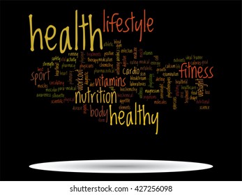 Vector concept or conceptual abstract word cloud on black background as metaphor for health, nutrition, diet, wellness, body, energy, medical, fitness, medical, gym, medicine, sport, heart or science