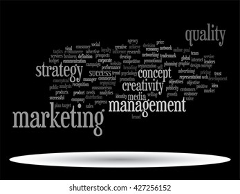 Vector concept or conceptual abstract word cloud on black background as metaphor for business, trend, media, focus, market, value, product, advertising or customer. Also for corporate wordcloud