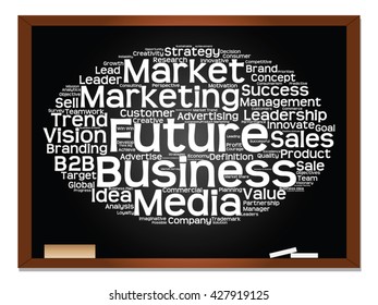 Concepto vectorial o nube conceptual abstracta de palabras en el fondo de la pizarra como metáfora para negocios, tendencias, medios, enfoque, mercado, valor, producto, publicidad o cliente. También para la nube de palabras corporativa