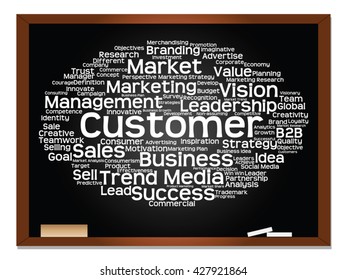 Vector concept or conceptual abstract word cloud on blackboard background as metaphor for business, trend, media, focus, market, value, product, advertising or customer. Also for corporate wordcloud