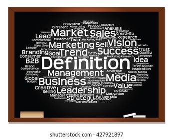 Vector concept or conceptual abstract word cloud on blackboard background as metaphor for business, trend, media, focus, market, value, product, advertising or customer. Also for corporate wordcloud
