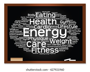 Vector concept or conceptual abstract word cloud on blackboard background, metaphor to health, nutrition, diet, wellness, body, energy, medical, fitness, medical, gym, medicine, sport, heart science