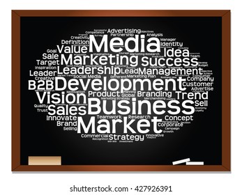 Vector concept or conceptual abstract word cloud on blackboard background as metaphor for business, trend, media, focus, market, value, product, advertising or customer. Also for corporate wordcloud