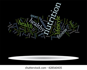 Vector concept or conceptual abstract word cloud on black background as metaphor for health, nutrition, diet, wellness, body, energy, medical, fitness, medical, gym, medicine, sport, heart or science