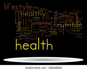 Vector concept or conceptual abstract word cloud on black background as metaphor for health, nutrition, diet, wellness, body, energy, medical, fitness, medical, gym, medicine, sport, heart or science