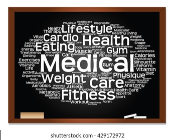 Concepto vectorial o nube conceptual abstracta de palabras en el fondo de la pizarra, metáfora a la salud, la nutrición, la dieta, el bienestar, el cuerpo, la energía, la salud, la aptitud física, la medicina, la medicina, el deporte, la ciencia del corazón