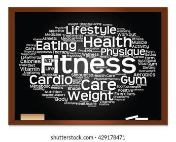 Vector concept or conceptual abstract word cloud on blackboard background, metaphor to health, nutrition, diet, wellness, body, energy, medical, fitness, medical, gym, medicine, sport, heart science