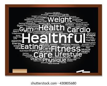 Vector concept or conceptual abstract word cloud on blackboard background, metaphor to health, nutrition, diet, wellness, body, energy, medical, fitness, medical, gym, medicine, sport, heart science