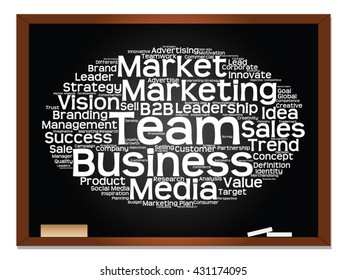 Vector concept or conceptual abstract word cloud on blackboard background as metaphor for business, trend, media, focus, market, value, product, advertising or customer. Also for corporate wordcloud
