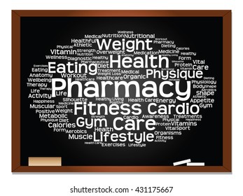 Vector concept or conceptual abstract word cloud on blackboard background, metaphor to health, nutrition, diet, wellness, body, energy, medical, fitness, medical, gym, medicine, sport, heart science