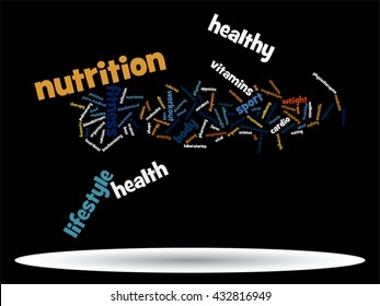 Vector concept or conceptual abstract word cloud on black background as metaphor for health, nutrition, diet, wellness, body, energy, medical, fitness, medical, gym, medicine, sport, heart or science