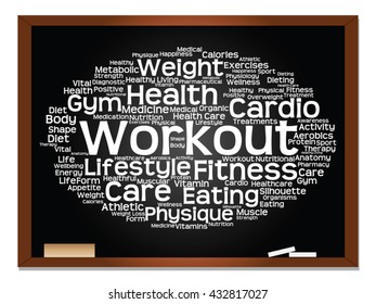 Vector concept or conceptual abstract word cloud on blackboard background, metaphor to health, nutrition, diet, wellness, body, energy, medical, fitness, medical, gym, medicine, sport, heart science