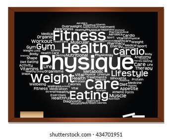 Vector concept or conceptual abstract word cloud on blackboard background, metaphor to health, nutrition, diet, wellness, body, energy, medical, fitness, medical, gym, medicine, sport, heart science