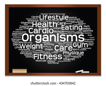 Concepto vectorial o nube conceptual abstracta de palabras en el fondo de la pizarra, metáfora a la salud, la nutrición, la dieta, el bienestar, el cuerpo, la energía, la salud, la aptitud física, la medicina, la medicina, el deporte, la ciencia del corazón
