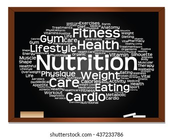 Vector concept or conceptual abstract word cloud on blackboard background, metaphor to health, nutrition, diet, wellness, body, energy, medical, fitness, medical, gym, medicine, sport, heart science