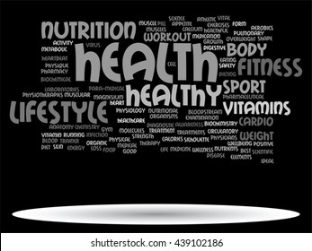 Vector concept or conceptual abstract word cloud on black background as metaphor for health, nutrition, diet, wellness, body, energy, medical, fitness, medical, gym, medicine, sport, heart or science