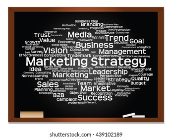 Concepto vectorial o nube conceptual abstracta de palabras en el fondo de la pizarra como metáfora para negocios, tendencias, medios, enfoque, mercado, valor, producto, publicidad o cliente. También para la nube de palabras corporativa